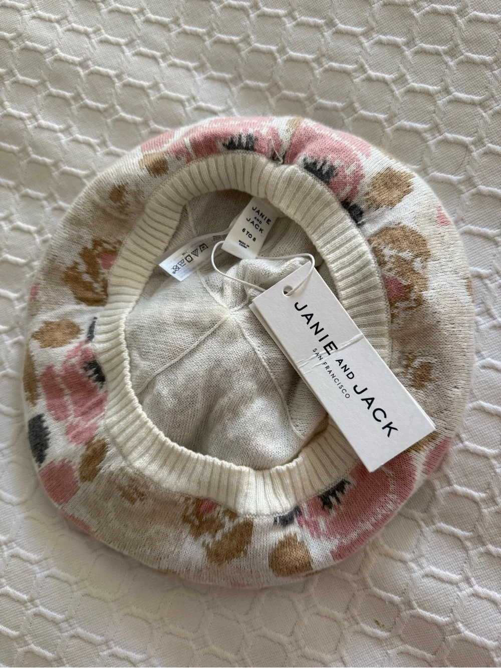 Janie & Jack: Children's Floral Pom Beanie - Pink, Cream & Tan